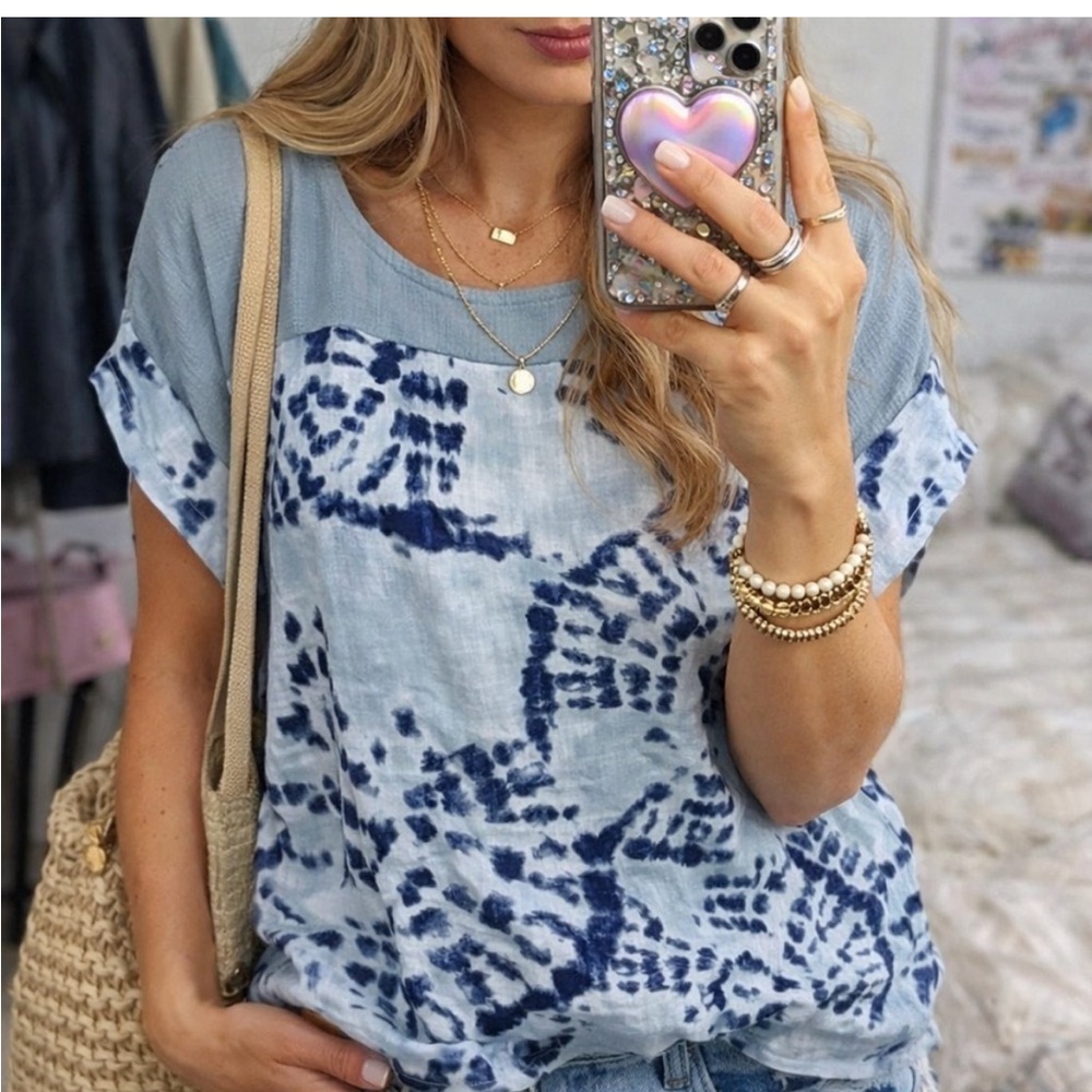 Bellambra Made in Italy Blue Tie-Dye Linen Top Size Small